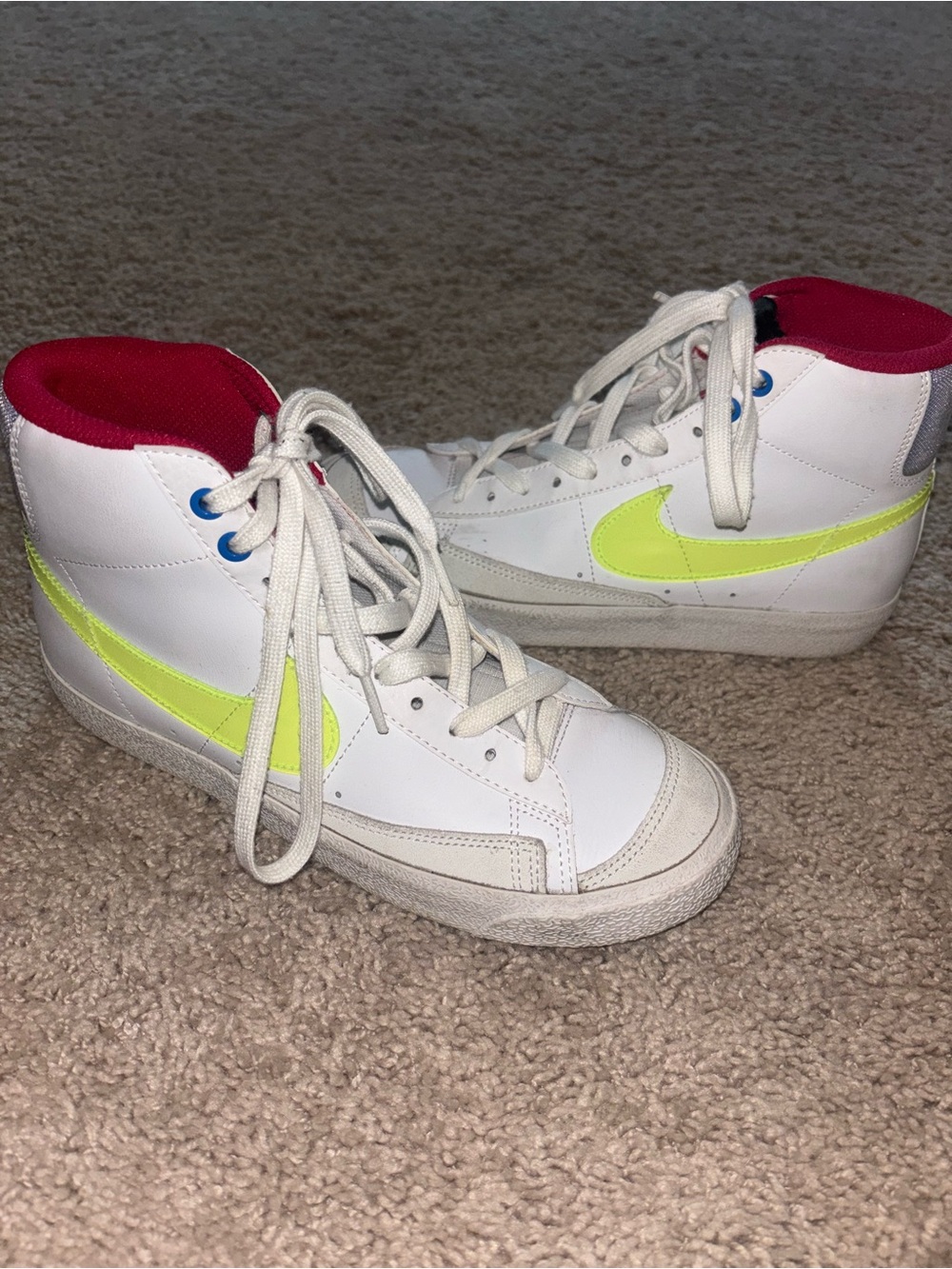 Nike White High-Top Sneakers with Neon Yellow Swoosh and Pink Lining